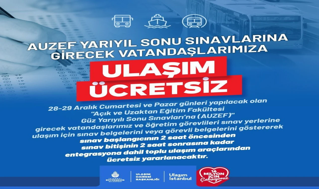 AUZEF Sınavına Gireceklere Ulaşım Ücretsiz